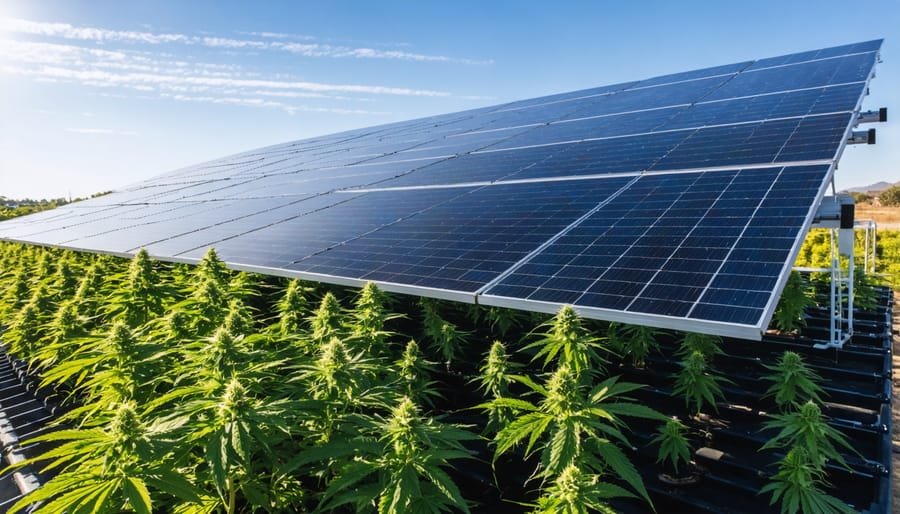 Solar panel installer working on commercial rooftop solar array installation