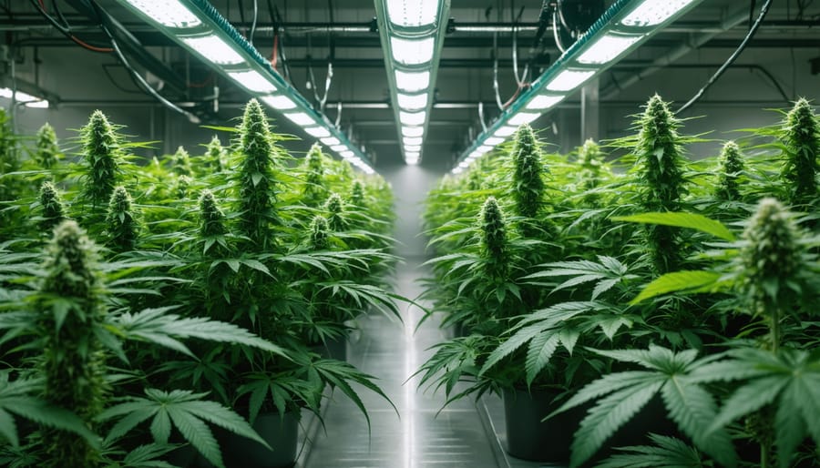 Indoor cannabis cultivation facility with rows of plants under LED grow lights