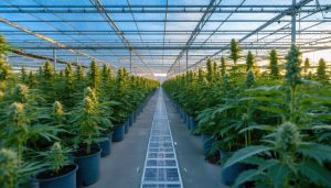 Blue solar panels in the foreground lead to a glass-walled greenhouse filled with cannabis plants under warm evening light, conveying sustainable energy for cultivation.