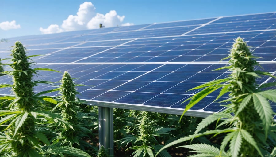 Solar panels installed on cannabis greenhouse roof with plants visible below