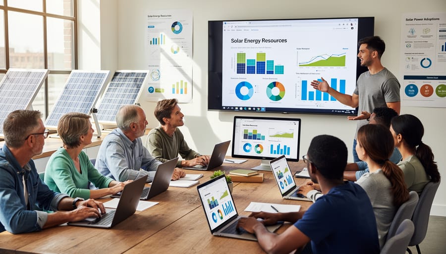 Person creating solar energy content on laptop with solar installation visible in background