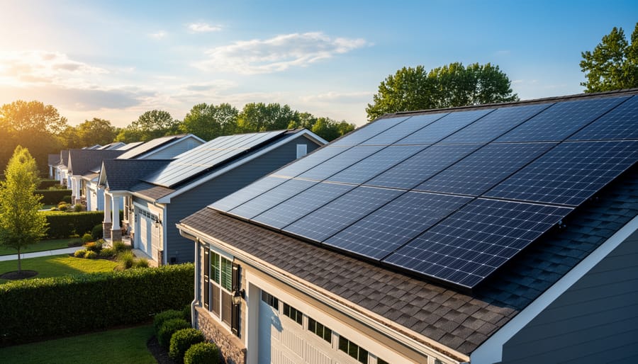 Solar panels installed on residential rooftop with neighborhood homes visible in background