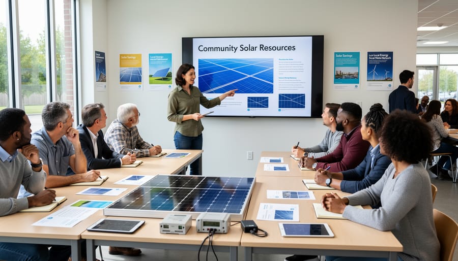 Community members reviewing solar energy information and resources together at table