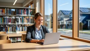 Person working on a laptop in a bright library with bookshelves and large windows overlooking houses with rooftop solar panels, representing educational efforts that support solar adoption.