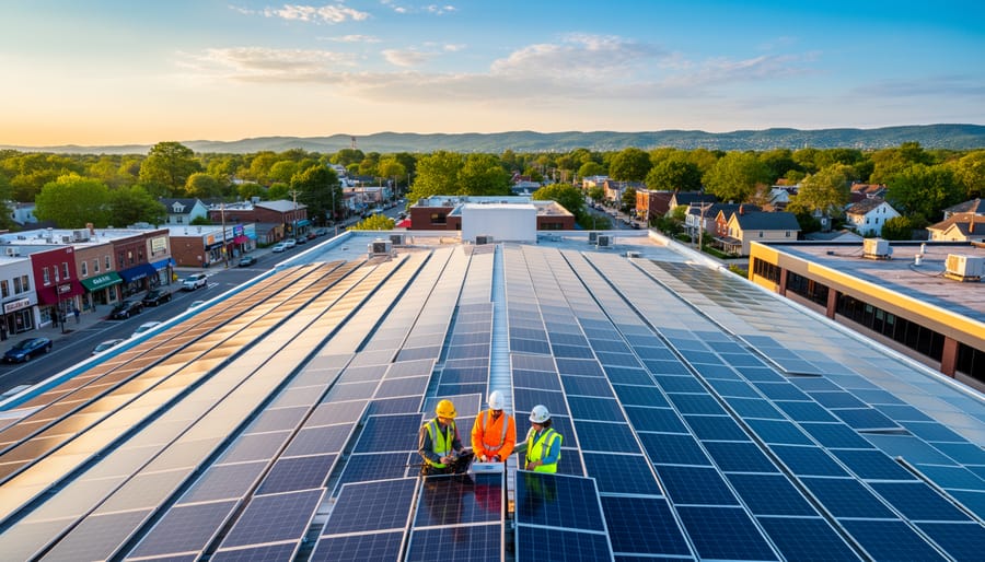 Aerial view of office building with solar panels integrated into urban commercial district