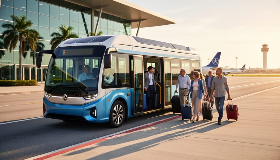 Solar-powered airport shuttle with visible rooftop panels at an Orlando terminal curb during golden hour, passengers approaching with luggage; palm trees, glass terminal, airplane tail, and control tower softly blurred in the background.