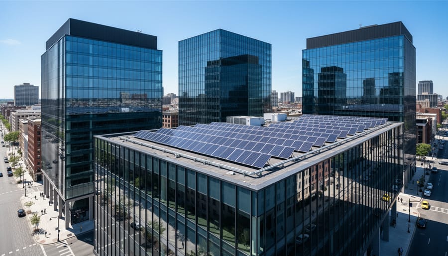 Modern commercial office building with flat roof designed for solar panel installation