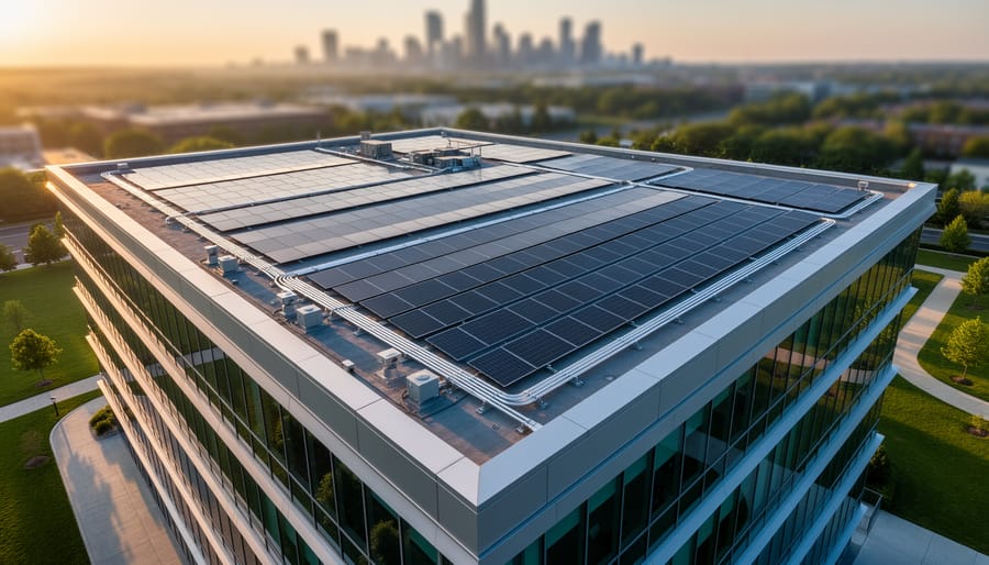 Aerial 45-degree view of a modern mid-rise office with an expansive rooftop solar panel array, visible conduit lines and mounting rails, lit by warm golden-hour sunlight, with a soft city skyline and landscaped campus in the background.