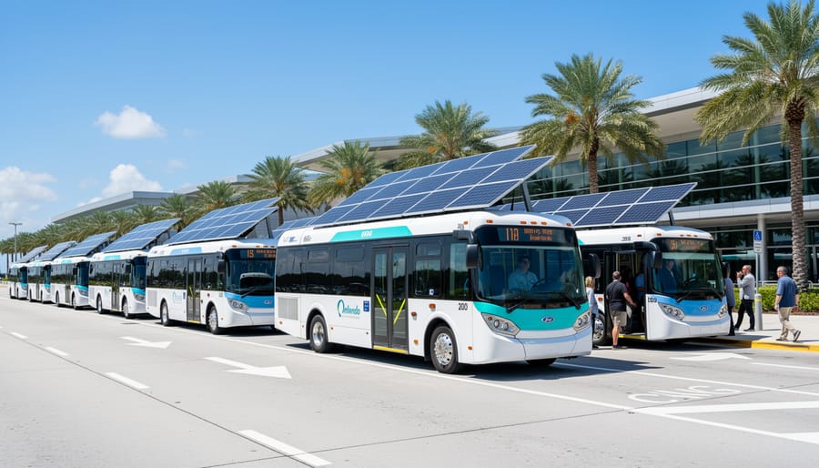 White airport shuttle van with rooftop solar panels at solar charging station in Orlando