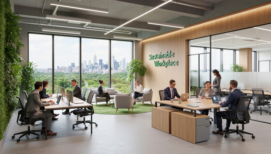 Business professionals working in modern sustainable office with natural lighting