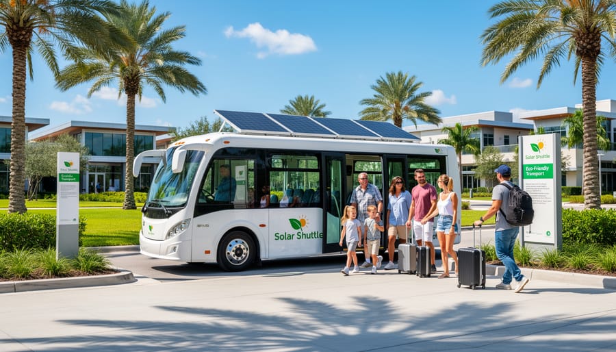 Family with luggage approaching solar-powered airport shuttle van