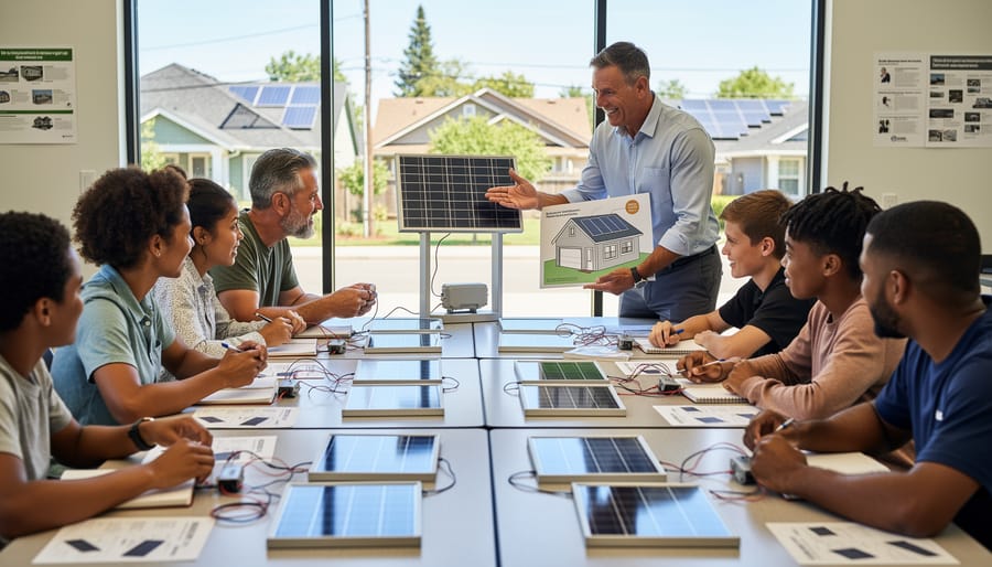Group of diverse neighbors gathered around residential solar panels discussing installation