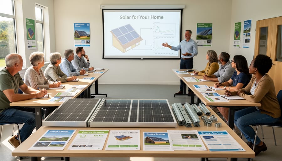 Adults participating in community solar education workshop with instructor and solar panel display