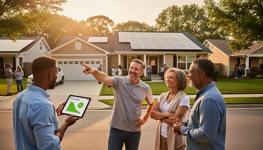 Two neighbors having friendly conversation over fence with solar panels visible on nearby roof