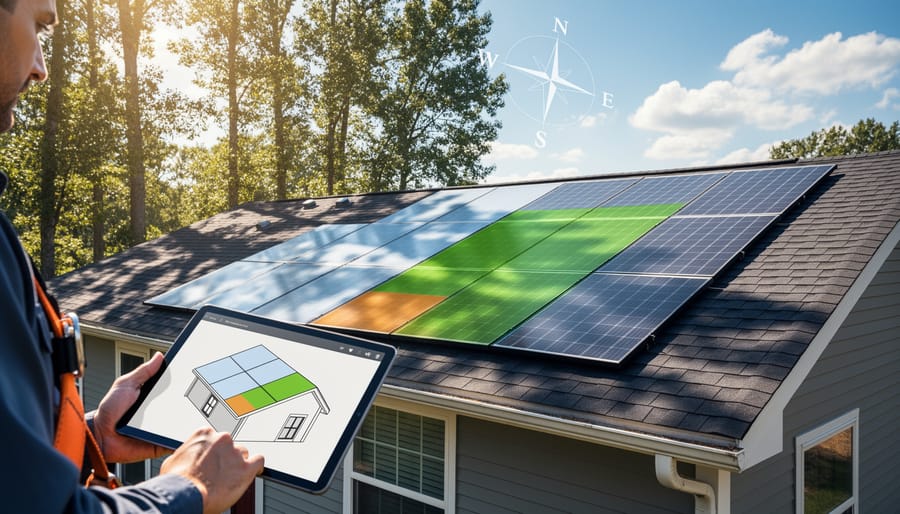 Aerial view of suburban home with solar panels installed on south-facing roof