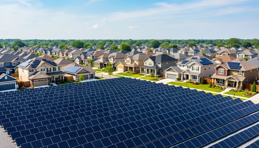 Central solar panels in a community solar farm with surrounding homes in a sunny residential neighborhood