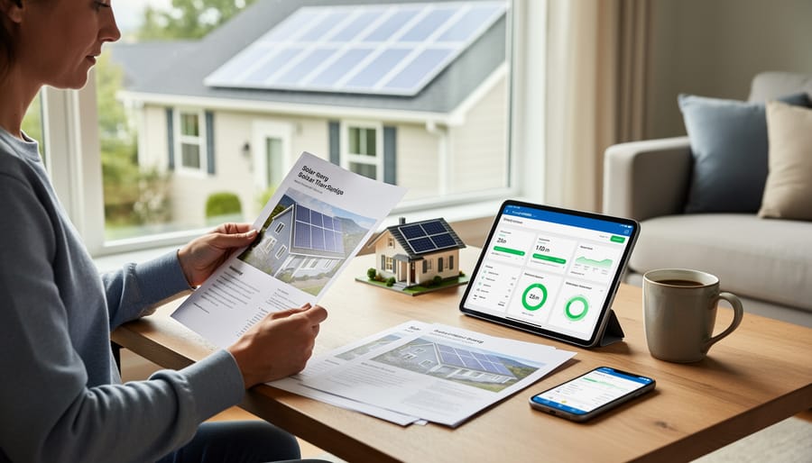Hands holding a phone and solar-related paperwork next to a small solar device on a table
