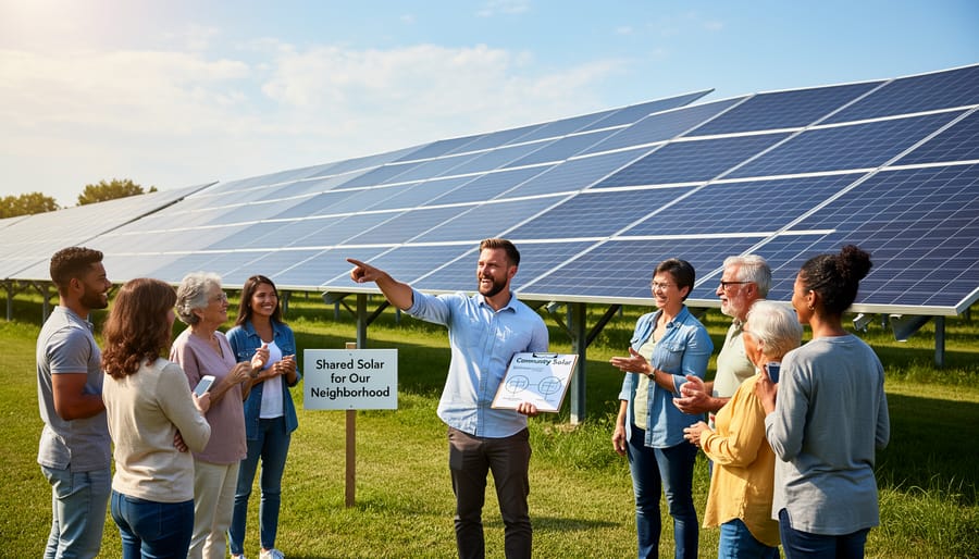 Neighbors standing in front of a community solar array on a shared solar site