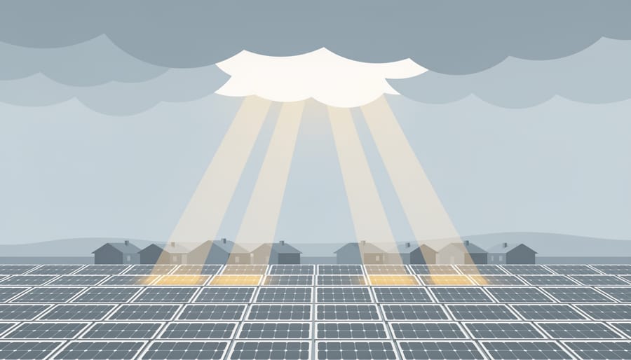 Sun rays shining over a community solar array with a cloudy sky in the background