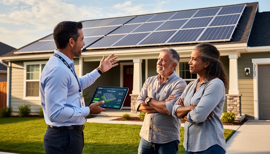 Homeowner and solar trainee reviewing rooftop solar panels outdoors