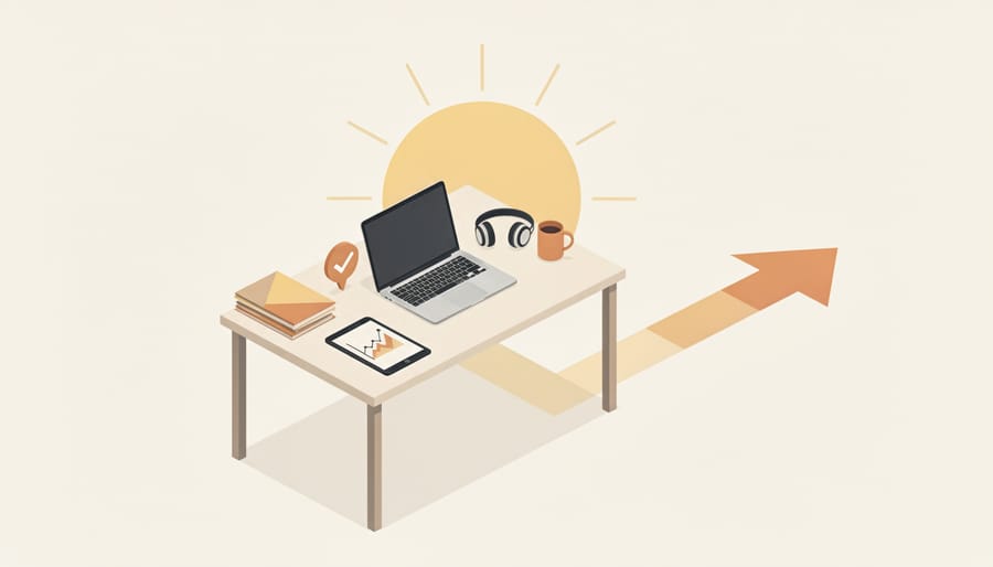 Laptop and notebook on a desk beside a small solar panel model in warm sunlight