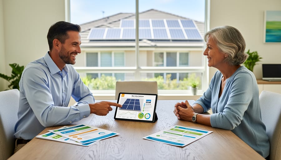 Solar sales professional holding a tablet and solar brochure in a modern office