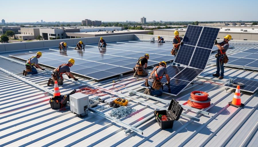 Solar installer and homeowner reviewing rooftop solar panels on a residential roof.