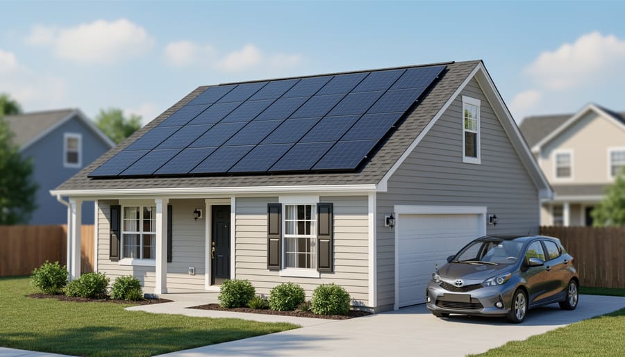 Rooftop solar panels installed on a modern suburban home roof in daylight.