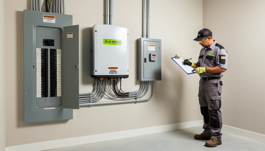 Solar inverter and electrical connections in a home utility area.