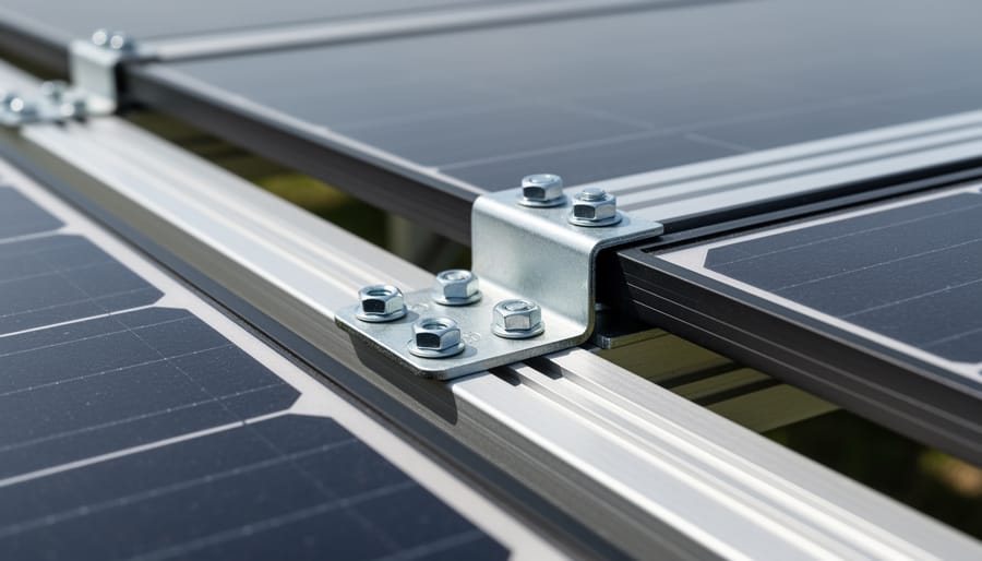 Close-up of solar panel mounting rails and panel surfaces on a residential roof.