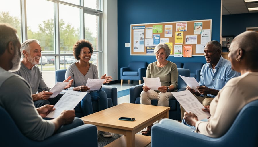 Diverse neighbors seated in a community room during a peer-led education discussion about responsible online casino play, with lesson materials on a table.