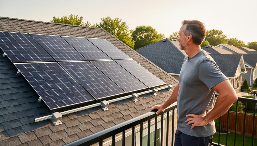 Homeowner looking up at solar panels installed on a residential roof