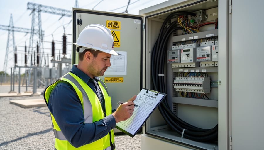 Gloved hands inspecting rooftop solar electrical components near a junction box