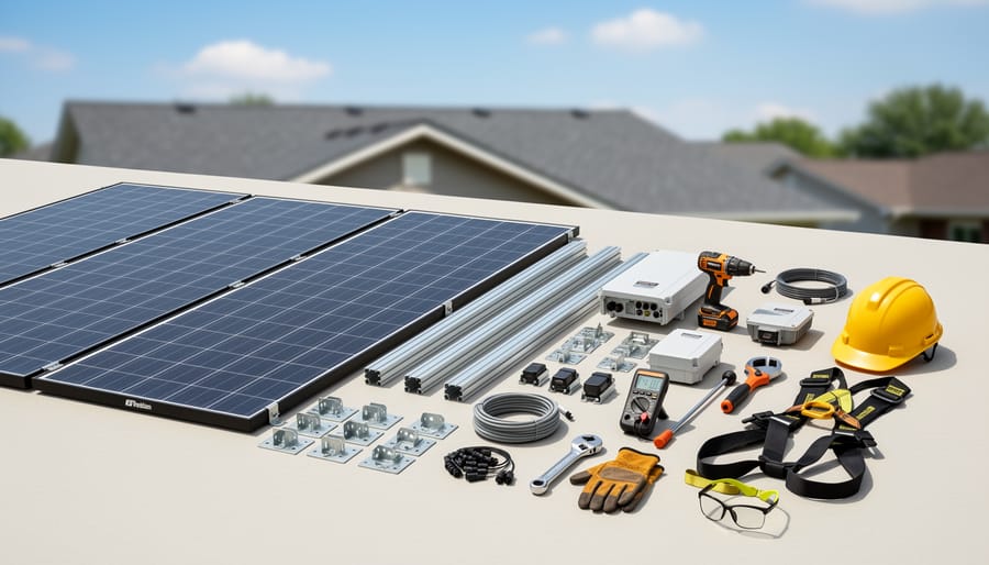 Solar installation materials including panels, mounting rails, and inverter arranged on a work surface
