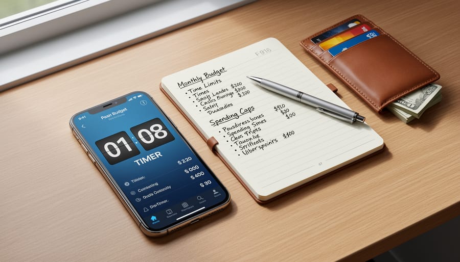 Smartphone placed face-down next to a timer and budget notebook on a wooden table