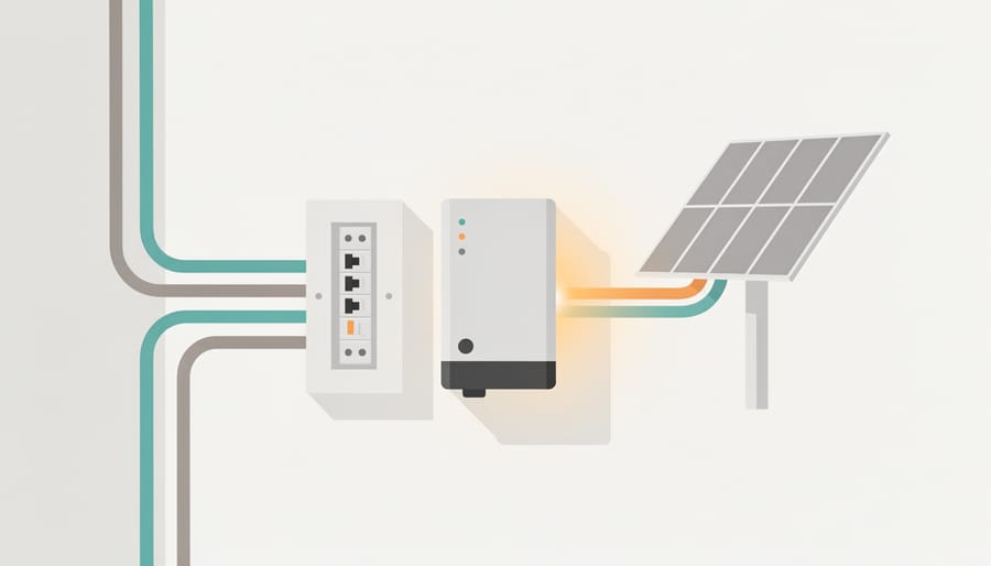 Mounted solar inverter unit beside a home wall with bright sky reflected behind