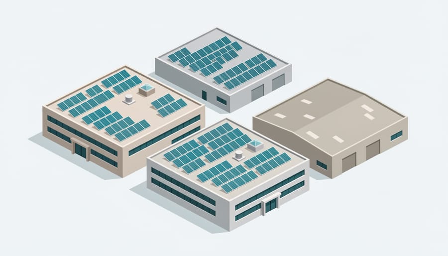 Aerial view of a commercial solar panel installation on an industrial campus with rooftops and surrounding buildings in the background
