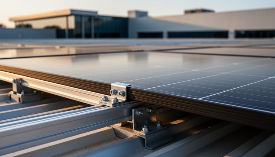 Close-up view of commercial rooftop solar panels showing module glass and mounting rails