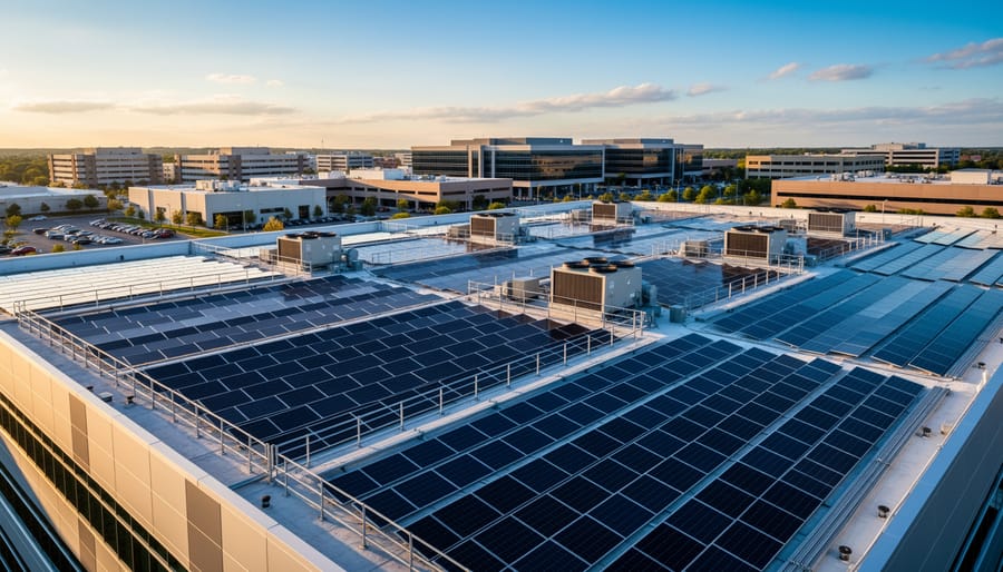 Commercial office rooftop with multiple rows of installed solar panels under an overcast sky
