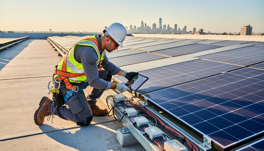 Facility manager on a commercial rooftop near solar equipment and inverters with solar panels behind